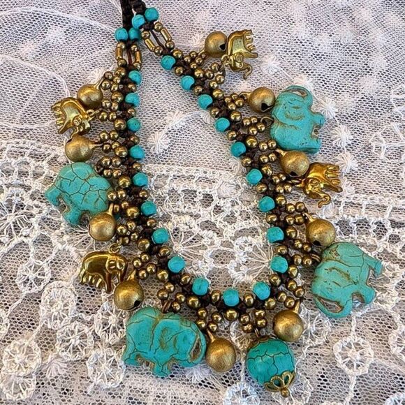 Turquoise & Gold Elephant Jingle Charm Necklace - Picture 2 of 10